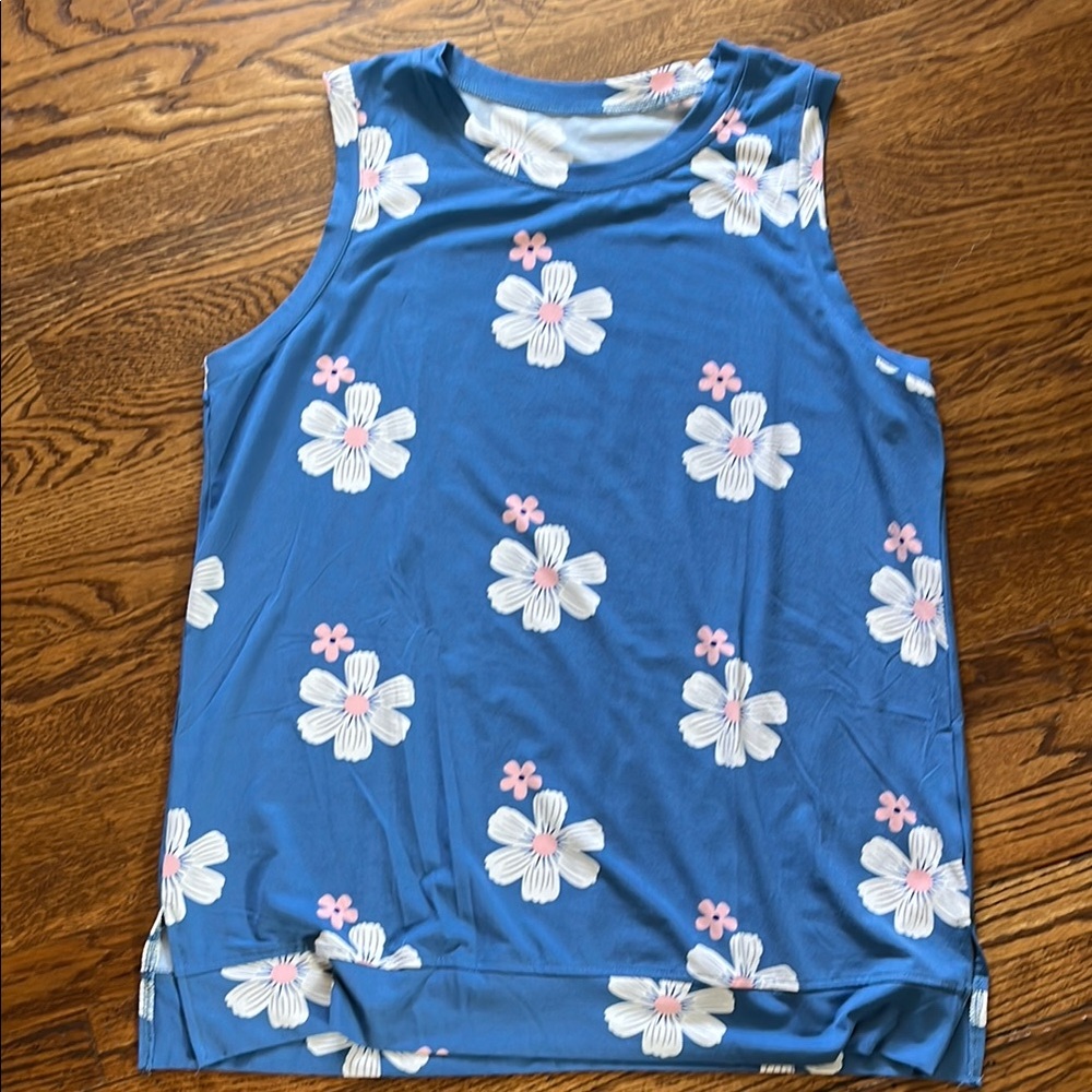 Floral Blue Sleeveless Top xl